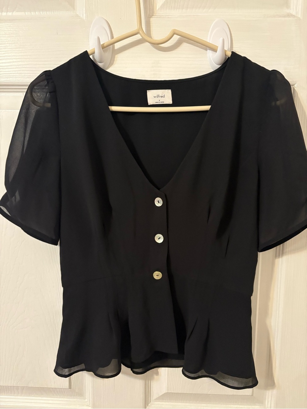 Wilfred Black Sheer-Sleeve V-Neck Blouse with Buttons